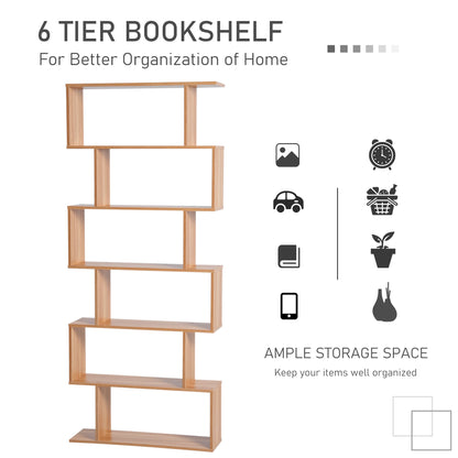 HOMCOM Wooden Wood S Shape Storage Display 6 Shelves Room Divider Unit Chest Bookshelf Bookcase Cupboard Cabinet Home Office Furniture (Maple)