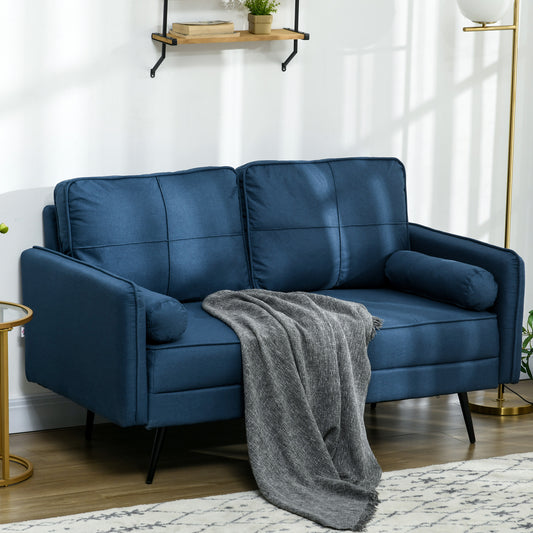 HOMCOM 143cm Loveseat Sofa for Bedroom Upholstered 2 Seater Sofa with Back Cushions and Pillows, Blue