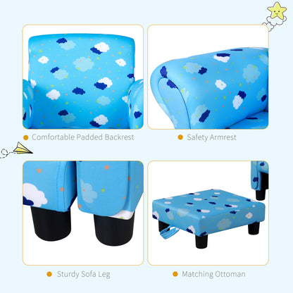 HOMCOM Childrens Sofa Mini Sofa Wood Frame w/ Footrest Anti-Slip Legs High Back Arms Bedroom Playroom Furniture Cute Cloud Star Blue