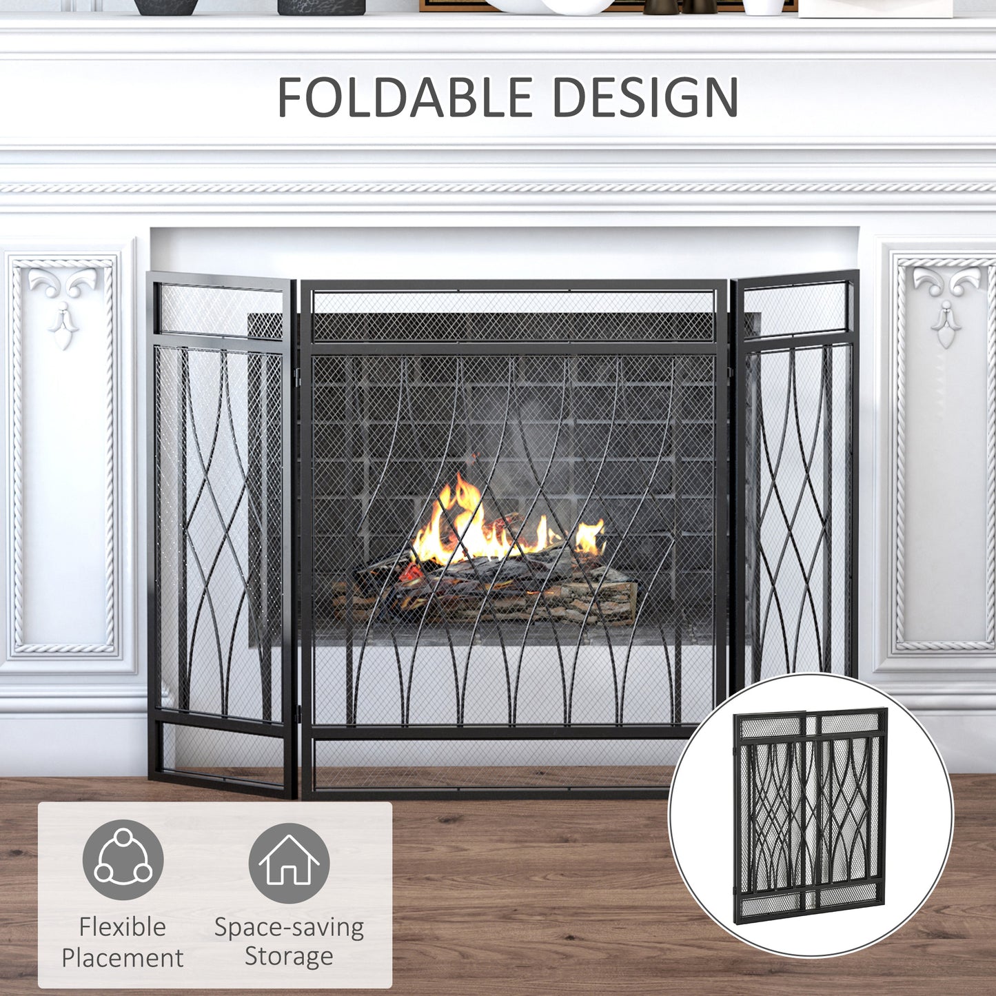 HOMCOM 3-Panel Folding Fireplace Screen, Metal Mesh Fire Spark Guard, 126L x 3W x 80H cm-Black