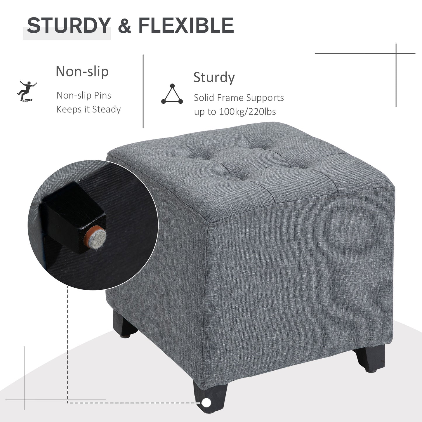 HOMCOM Linen-Look Square Ottoman Footstool w/ Button Tufts Wood Frame Padding Fabric Upholstered Stylish Home Furniture Footrest Side Table Grey