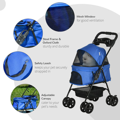 PawHut Pet Stroller Dog Cat Travel Pushchair One-Click Fold Trolley Jogger with EVA Wheels Brake Basket Adjustable Canopy Safety Leash Blue