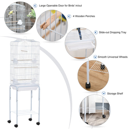 PawHut Metal Bird Parrot Cage w/ Breeding Stand Feeding Tray Wheels Parakeet Pet Supply White 47.5L x 37W x 153H (cm)