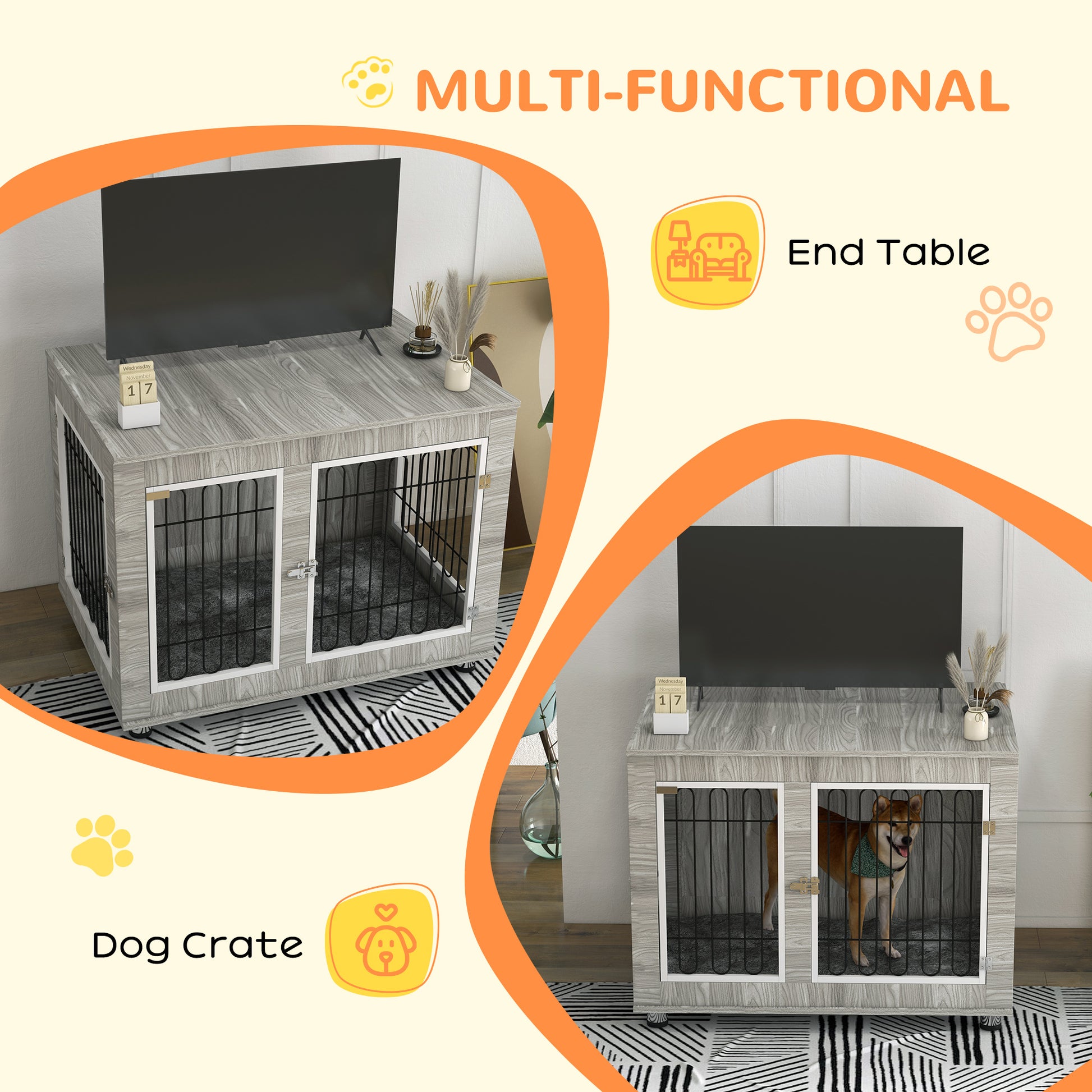 PawHut Indoor Dog Kennel w/ Soft Cushion, Double Door for Large Dogs, 106 x 74 x 81.5cm, Grey