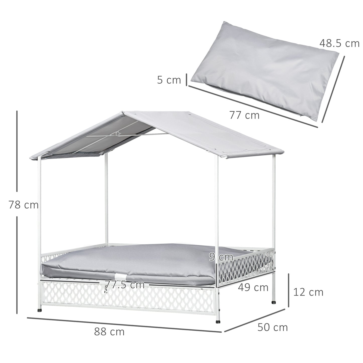 PawHut Dog Bed with Water-Resistant Sun Canopy, Elevated Dog Bed with Soft Cushion, for Indoors, Outdoors, Small, Medium Dogs