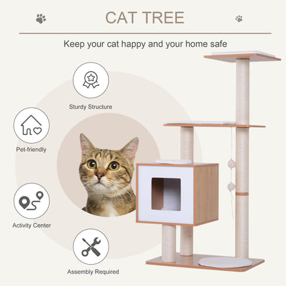 PawHut Cat Tree Wooden Cat Scratching Post for Indoor Cats Kitten House Condo Activity Center w/ Cushion Hanging Toy Multi-level