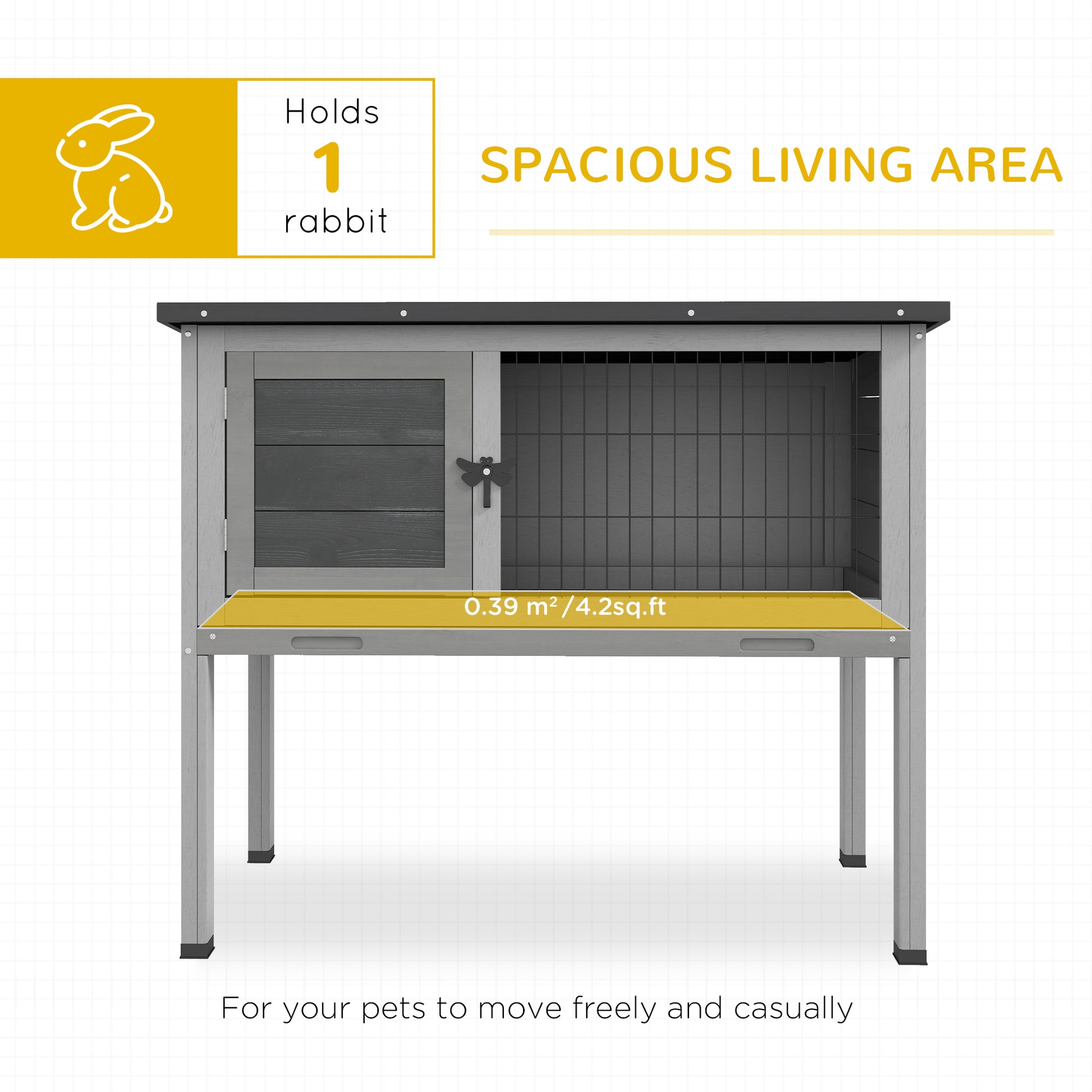 Pawhut Wooden Rabbit Hutch Guinea Pig Hutch Bunny Cage Garden Built in Tray Openable Asphalt Roof Small Animal House 84 x 43 x 70 cm Grey