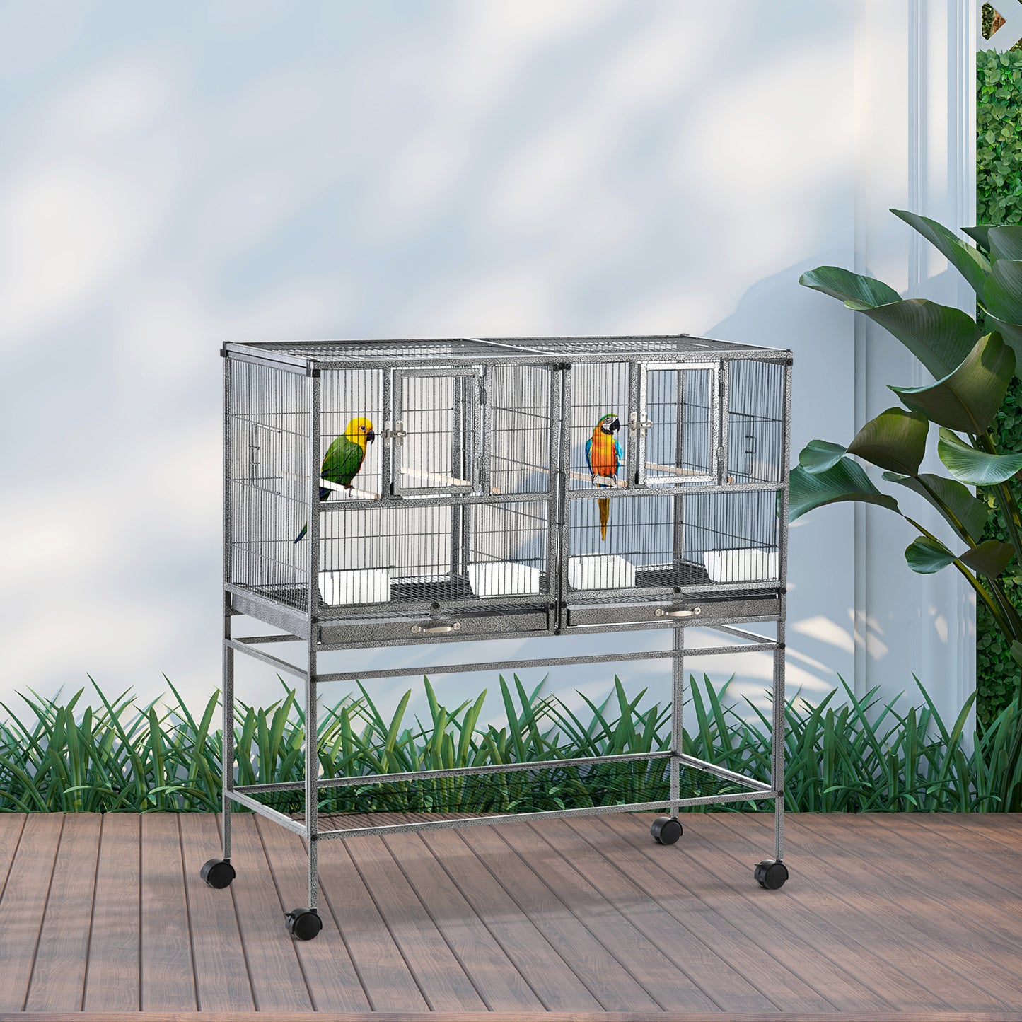 PawHut Double Rolling Metal Bird Cage Parrot Cage with Removable Metal Tray, Storage Shelf, Wood Perch, and Food Container