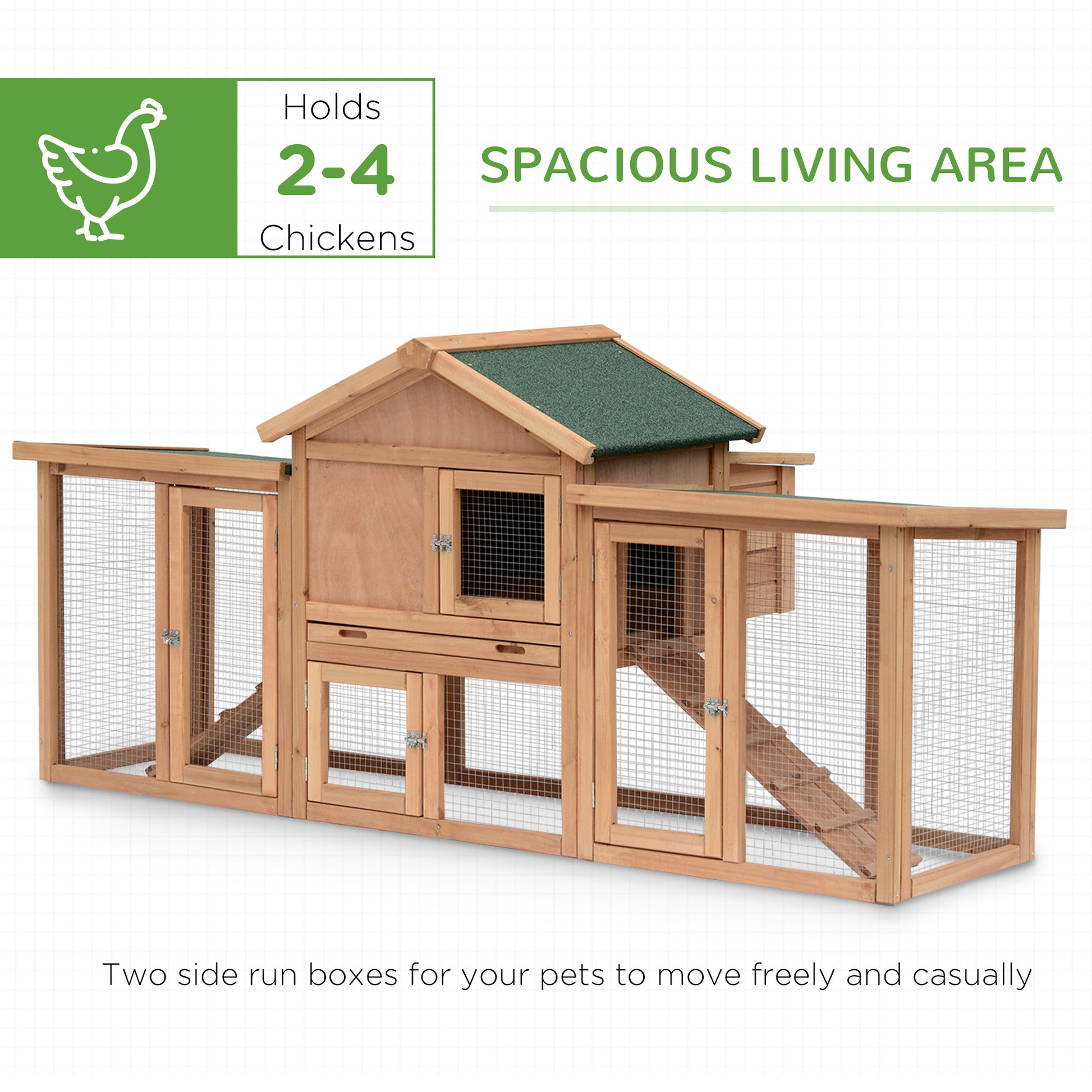 PawHut Wooden Chicken Coop Backyard Hen Cage House Poultry with Comfortable Nesting Box & Fun Outdoor Run 204 x 85 x 93cm