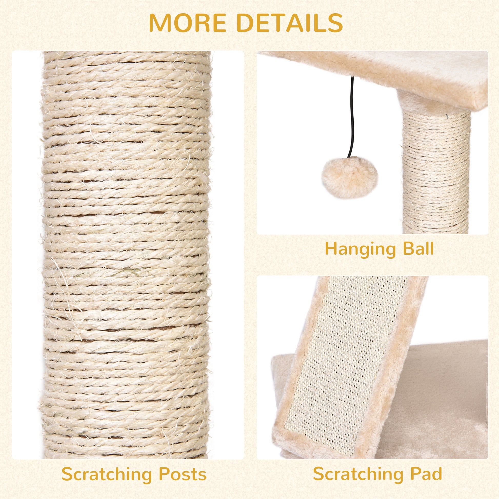 PawHut Cats 3-Tier Sisal Rope Scratching Post w/ Dangle Toy Beige