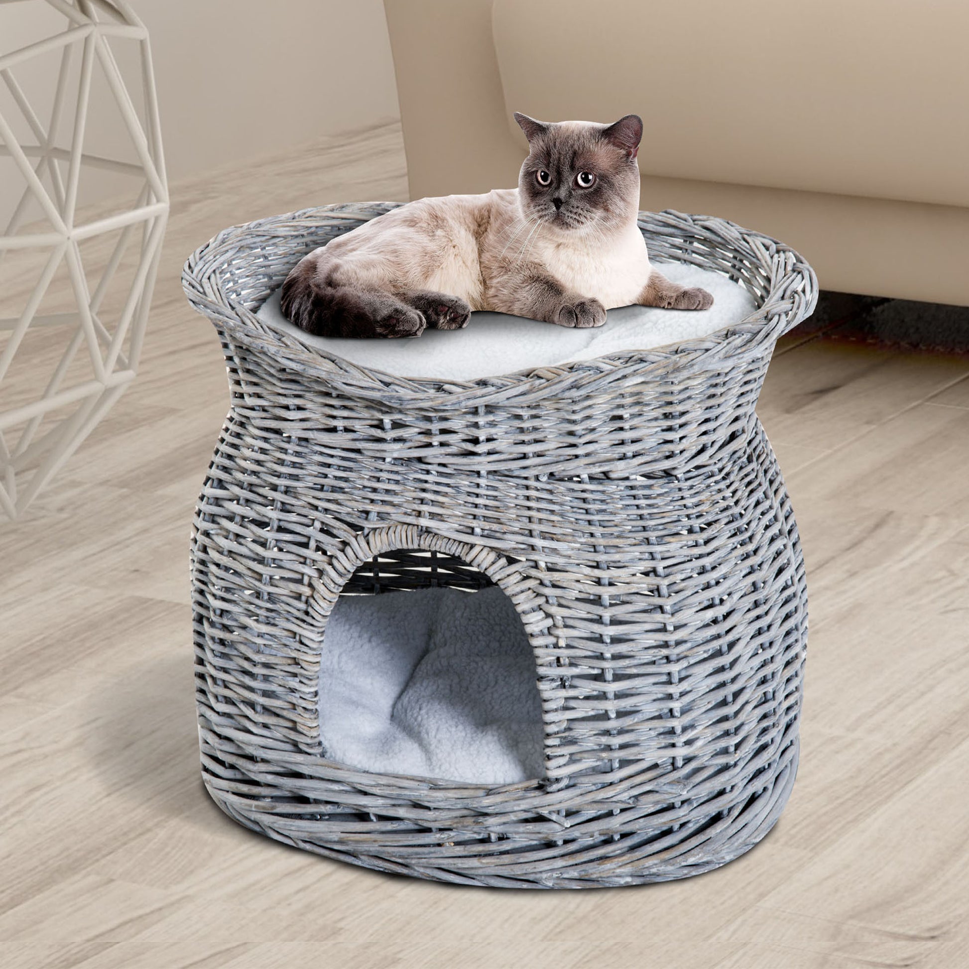 PawHut 2-Tier Elevated Cat Bed Basket W/Cushion-Grey