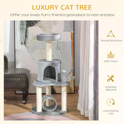 PawHut Cat Tree Tower Climbing Activity Center Kitten Furniture with Jute Scratching Post Bed Tunnel Perch Hanging Balls Grey