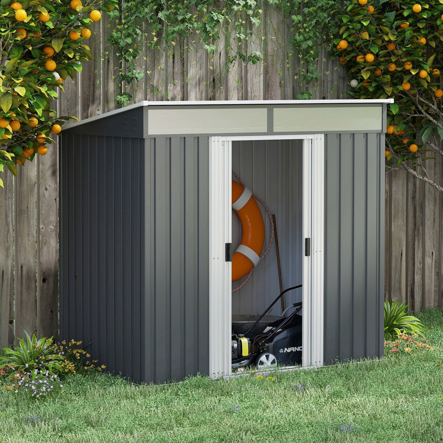 outsunny-6-5-x-4ft-galvanised-metal-shed-with-foundation-lockable-tool-garden-shed-with-double-sliding-doors-and-2-vents-grey