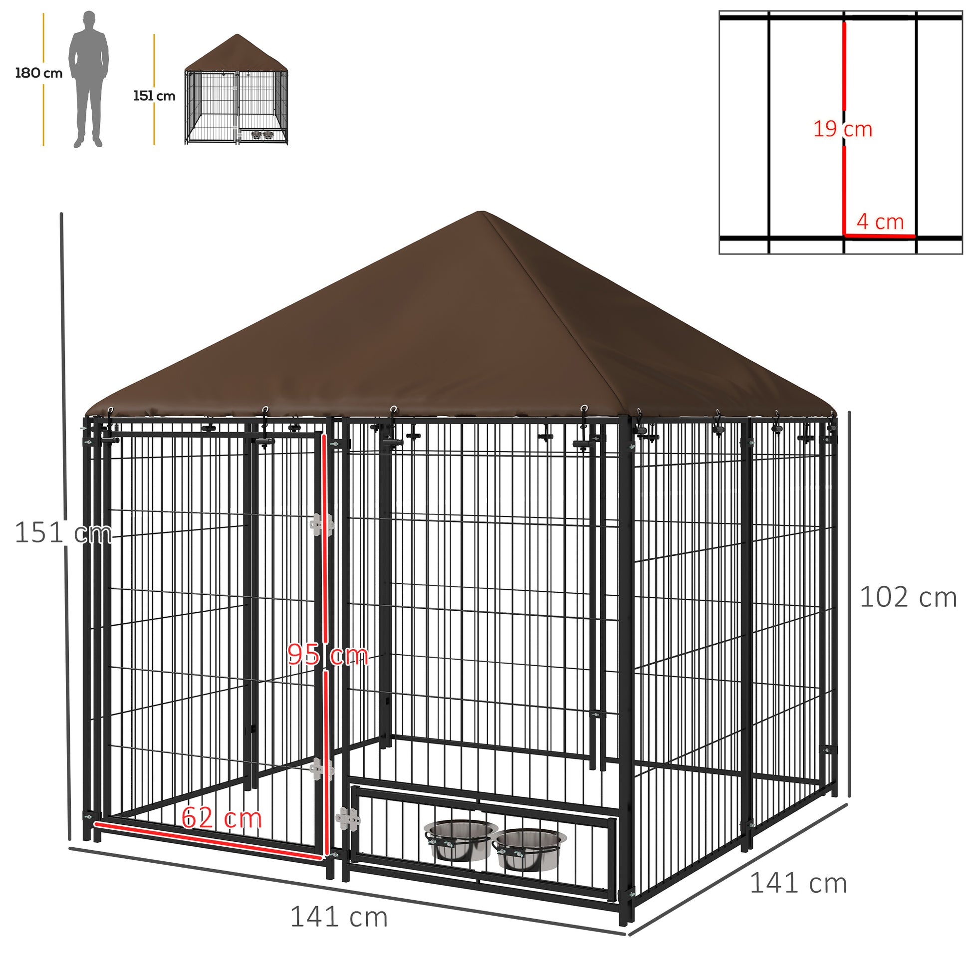 PawHut Outdoor Dog House Kennel with Water-resistant Roof Lockable Mesh Metal Cage Steel Fence, 141 x 141 x 121 cm