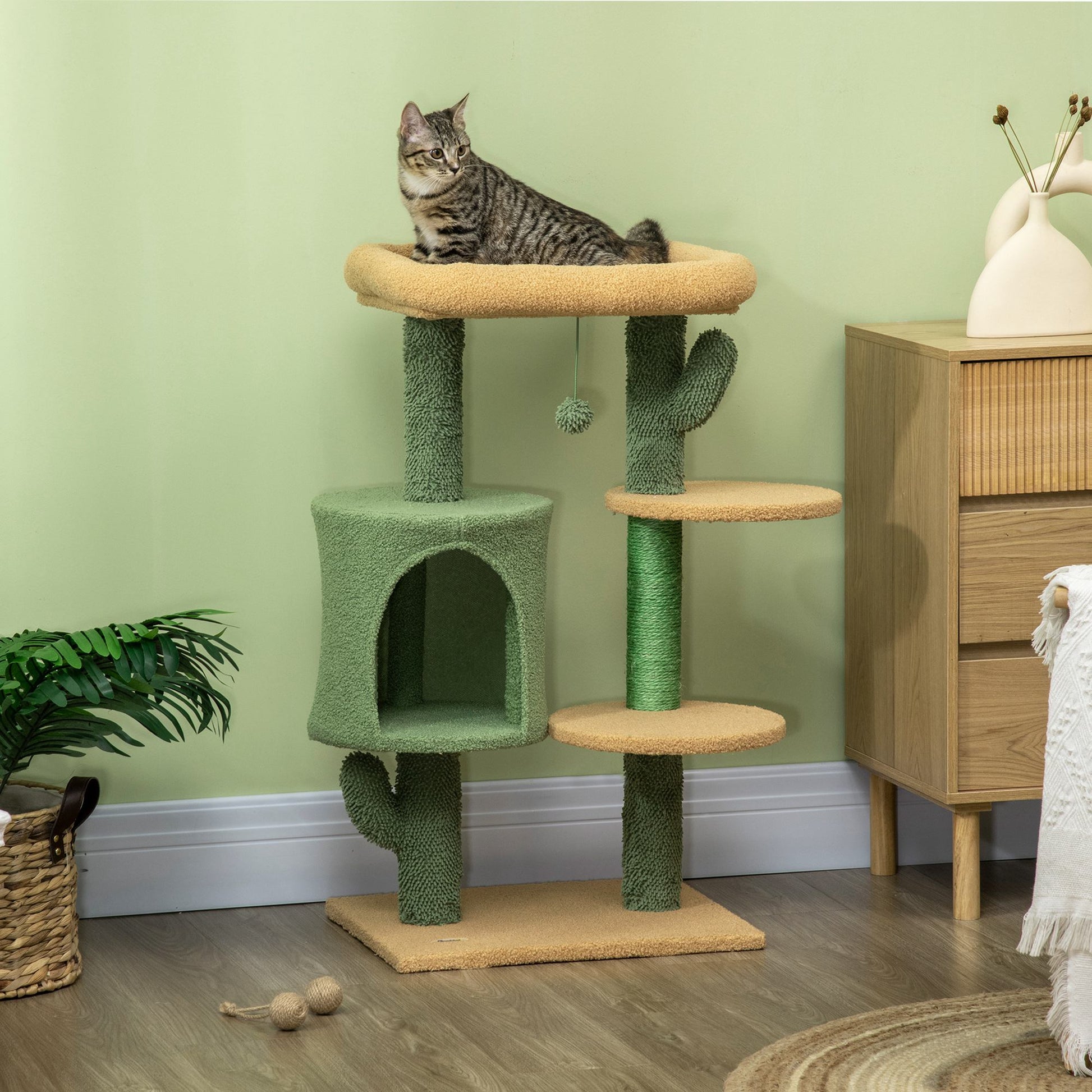 PawHut Cactus Cat Tree, 90cm Cat Climbing Tower, kitten Activity Centre with Teddy Fleece House, Bed, Sisal Scratching Posts and Hanging Ball, Green