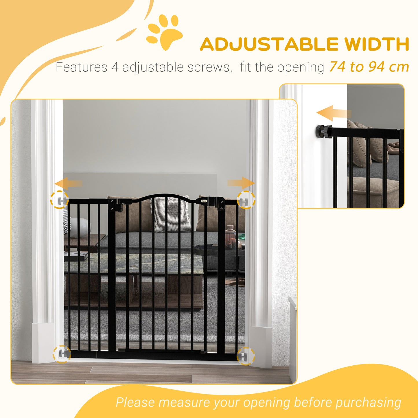 PawHut Metal 74-94cm Adjustable Pet Gate Safety Barrier w/ Auto-Close Door Black