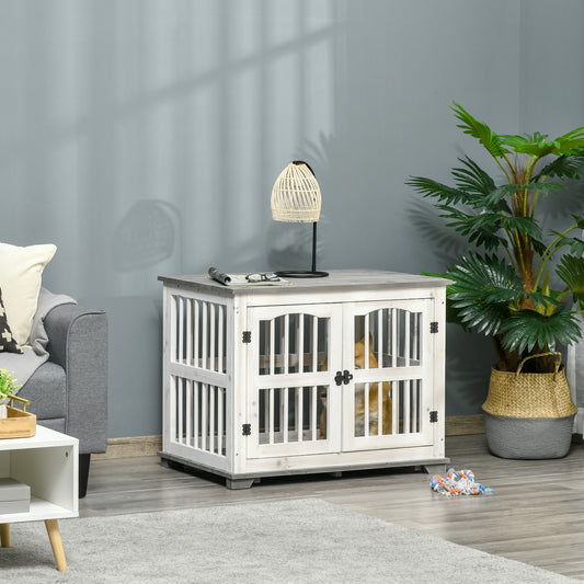 PawHut Wooden Dog Crate Furniture Pet Kennel Cage End Table for Small Medium Dogs, Indoor, White, 85.5 x 59.5 x 68 cm