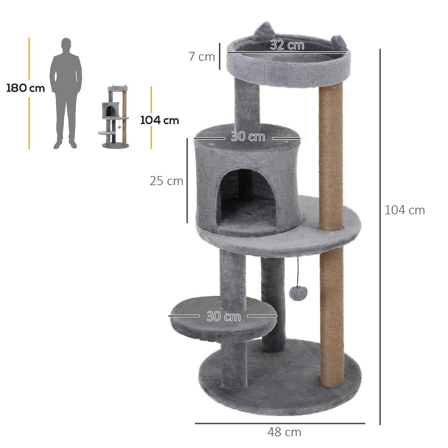 PawHut 3-Tier 104 cm Cat Tree, Cat Condo Tree Tower, Deluxe Cat Activity Tree w/ Scratching Posts Play Ball Plush Fun Toy Relax Climb, Grey