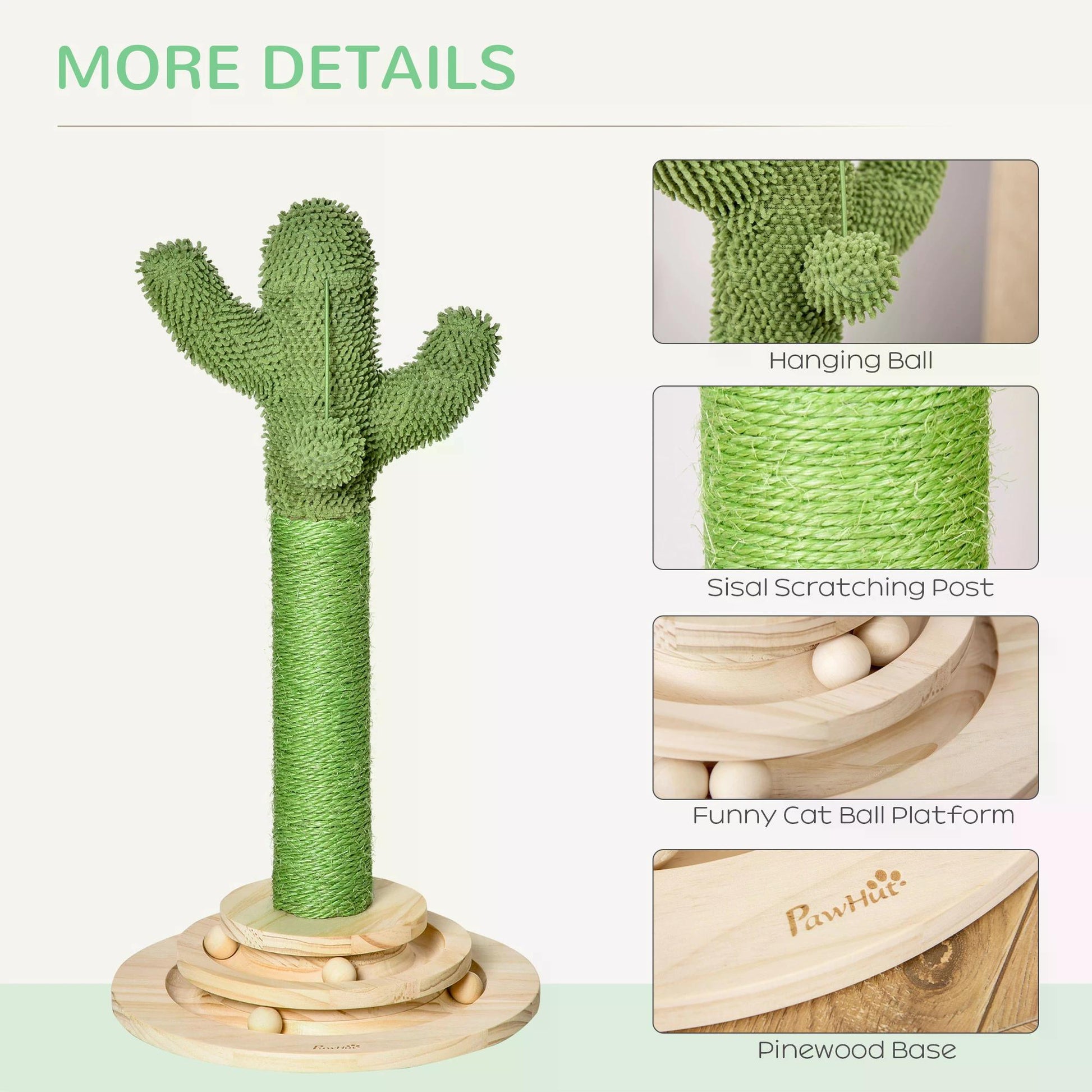 PawHut Cat Tree Cactus-shaped Tower Kitten Furniture with Sisal Scratching Post Hanging Ball Funny Cat Ball Platform 32 x 32 x 60cm Green