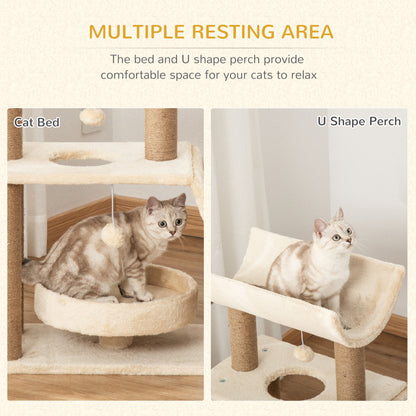 PawHut Cat Tree for Indoor Cats with Scratching Posts Pad, Kitten Tower with Bed Perch Ball Toy, 60 x 30 x 76 cm, Light Brown