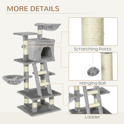 PawHut 1.2m Plush Cat Tree Activity Center with Sisal Scratching Posts Basket Perch Condo, Light Gray