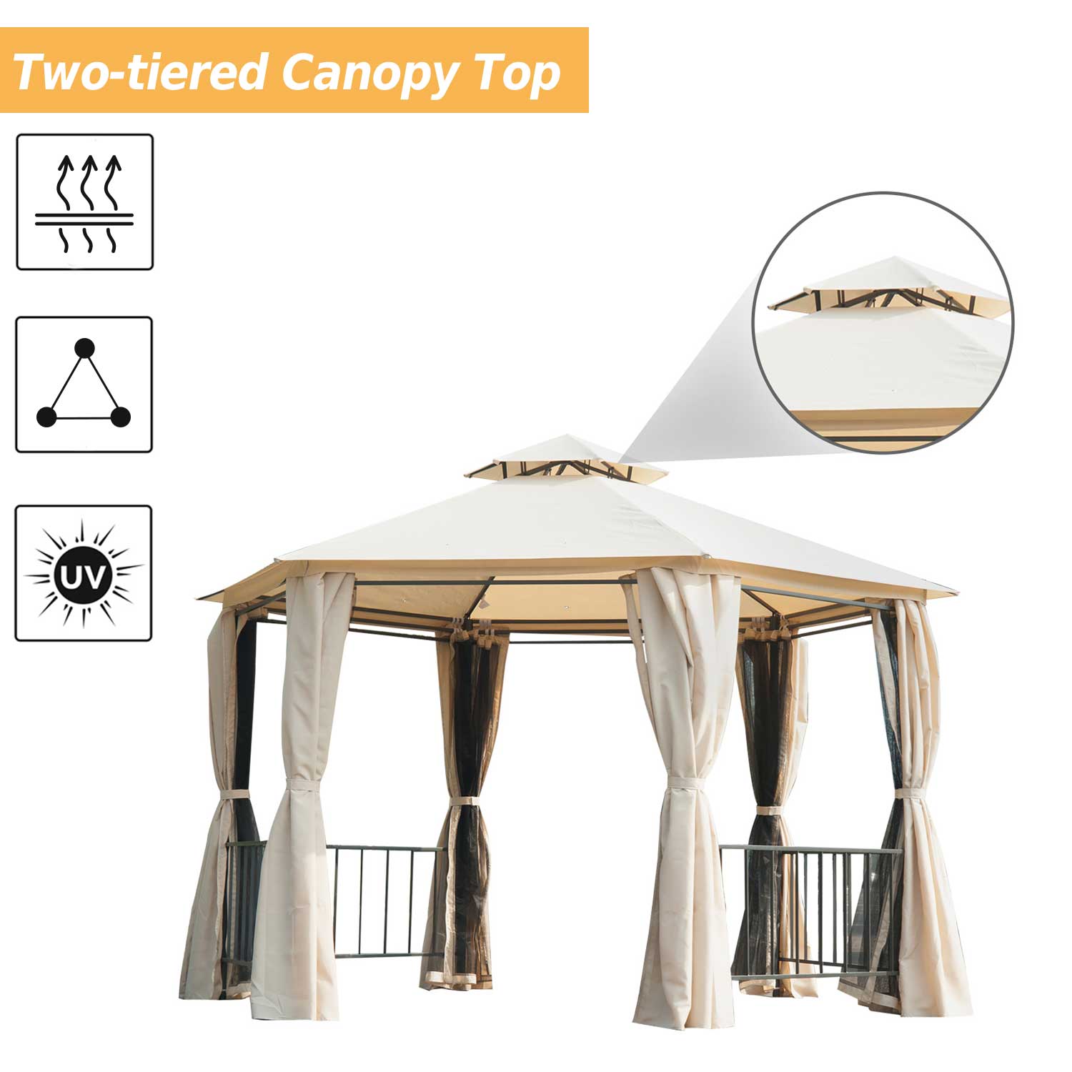 outsunny-hexagon-gazebo-patio-canopy-party-tent-outdoor-garden-shelter-w-2-tier-roof-side-panel-beige