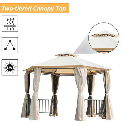 outsunny-hexagon-gazebo-patio-canopy-party-tent-outdoor-garden-shelter-w-2-tier-roof-side-panel-beige