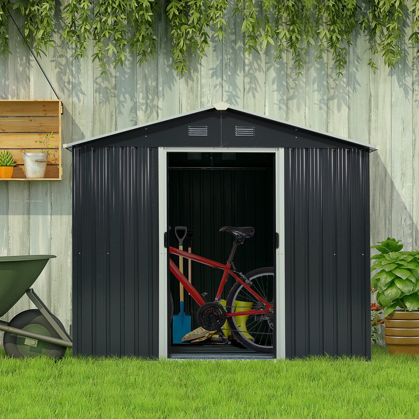 outsunny-8-x-6ft-garden-storage-shed-double-door-ventilation-windows-sloped-roof-outdoor-equipment-tool-grey