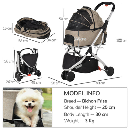 PawHut Pet Stroller Detachable Dog Pushchair 2-In-1 Foldable Cat Travel Carriage w/ Carrying Bag for XS Pets, Light Brown