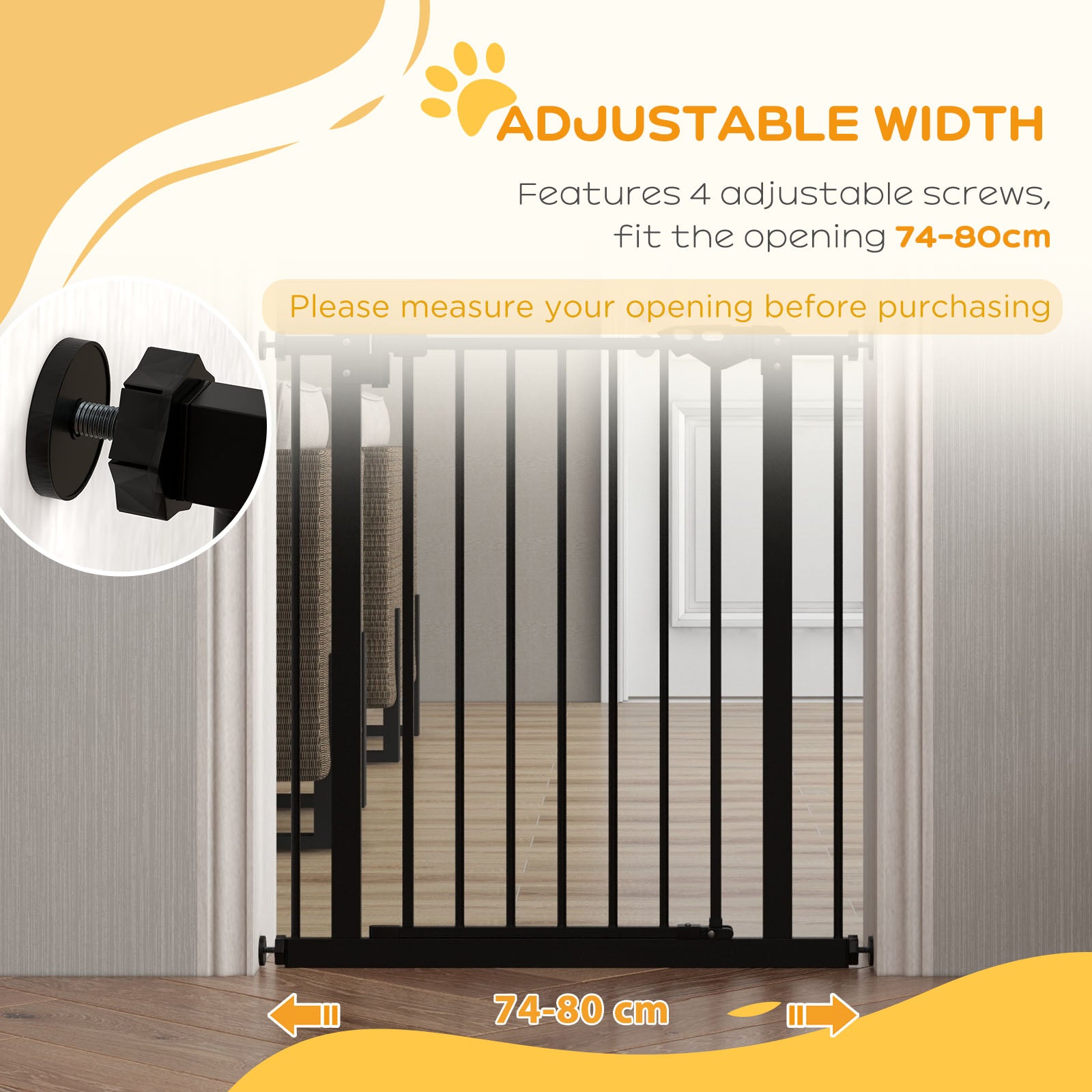 PawHut Metal 74-80cm Wide Adjustable Dog Gate Black