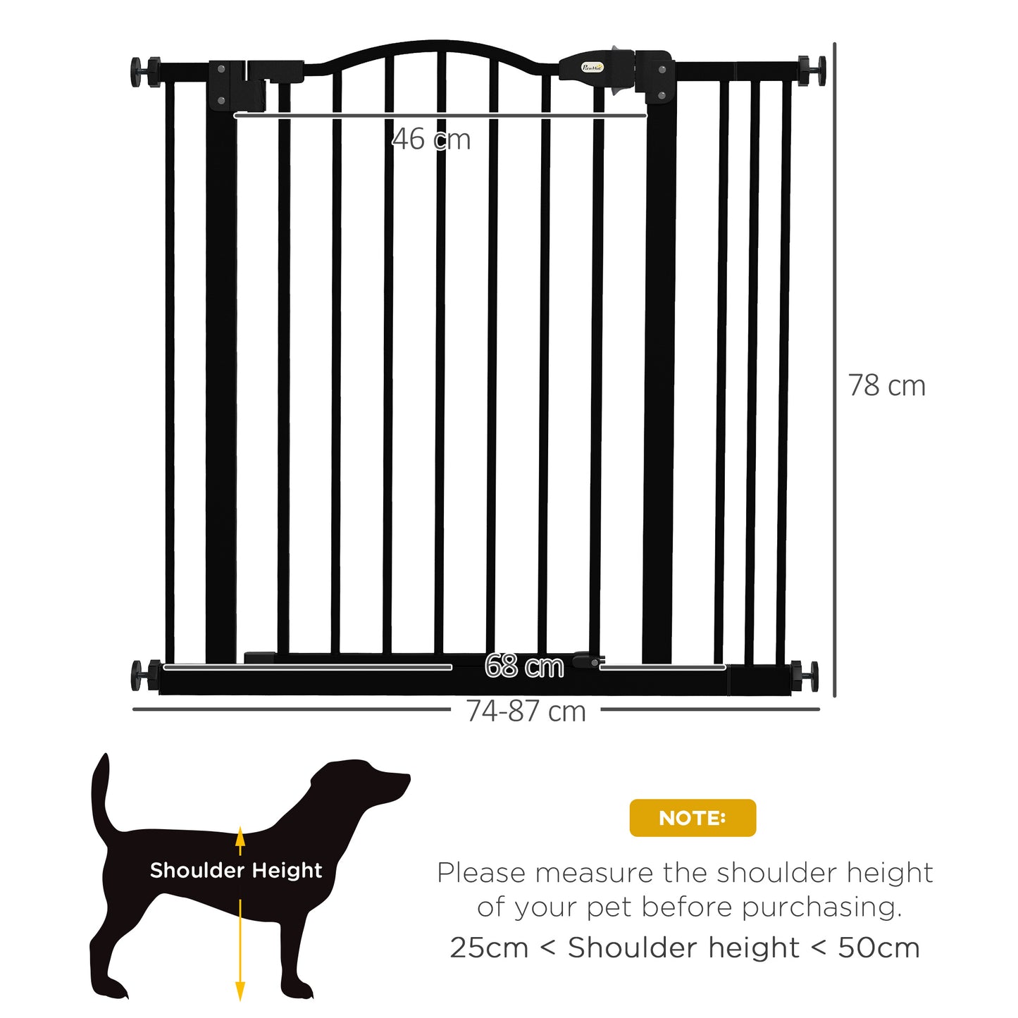 PawHut Metal 74-87cm Adjustable Pet Gate Safety Barrier w/ Auto-Close Door Black