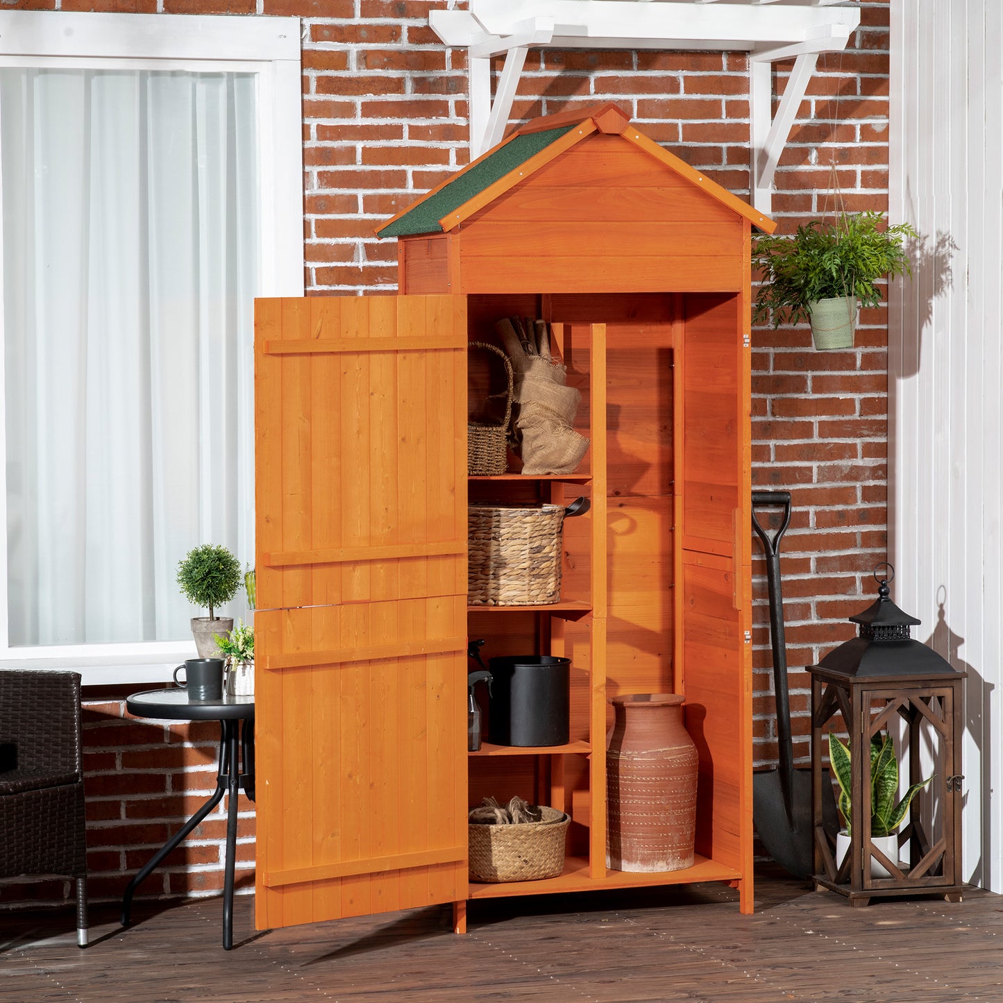 outsunny-84-x-52cm-garden-shed-4-tier-wooden-garden-outdoor-shed-3-shelves-utility-gardener-cabinet-lockable-double-doors-tool-kit-storage-teak