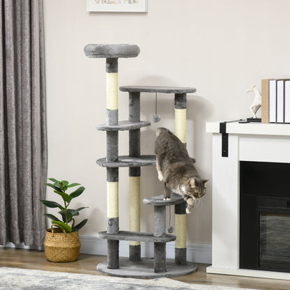 PawHut 136cm Cat Tree for Indoor Cats, Modern Cat Tower with Scratching Posts, Bed, Toy Ball - Grey