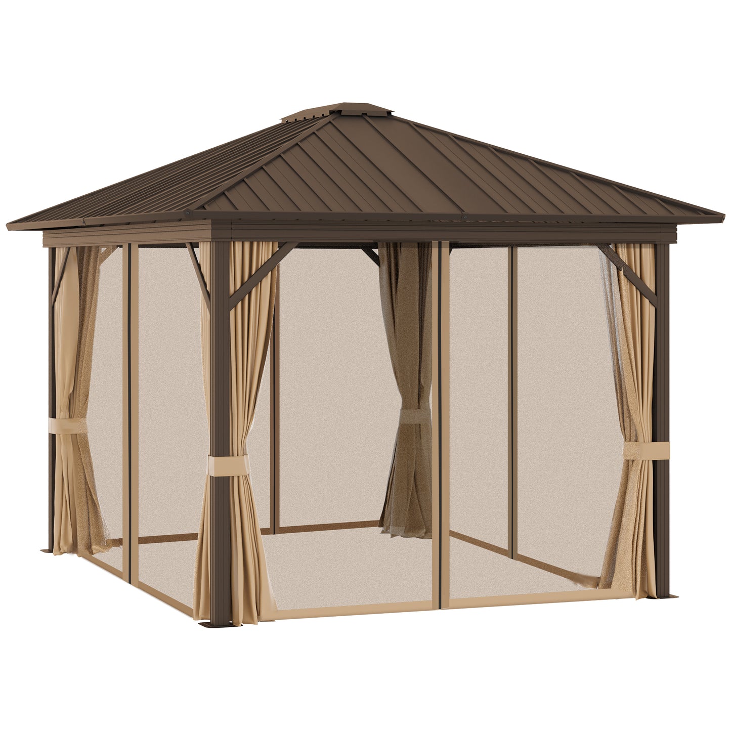 outsunny-3-6-x-3m-outdoor-hardtop-gazebo-metal-roof-patio-gazebo-with-aluminum-frame-mesh-nettings-curtains-roomy-interior-space-brown