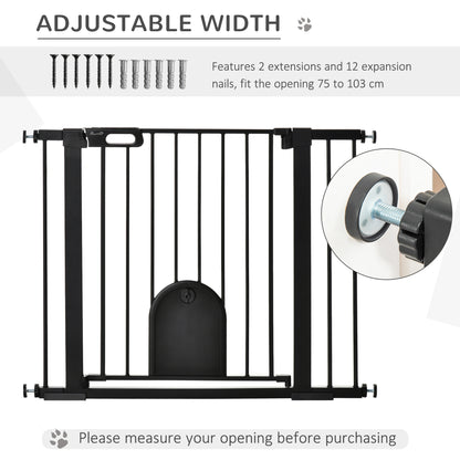 PawHut 75-103 cm Extra Wide Pet Safety Gate Barrier, Stair Pressure Fit, w/ Small Door, Auto Close, Double Locking, for Doorways, Hallways, Black