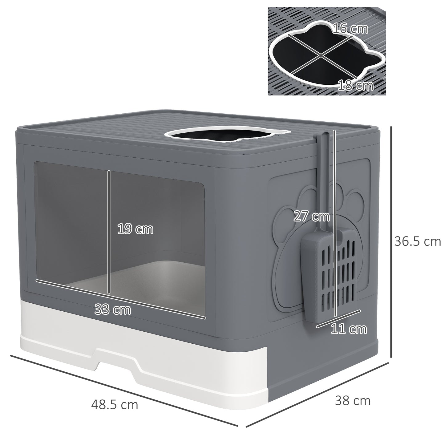 PawHut Cat Litter Box Enclosed with Lid Front Entry Top Exit, Drawer Tray, Scoop, Brush, 48.5 x 38 x 36.5cm - Grey