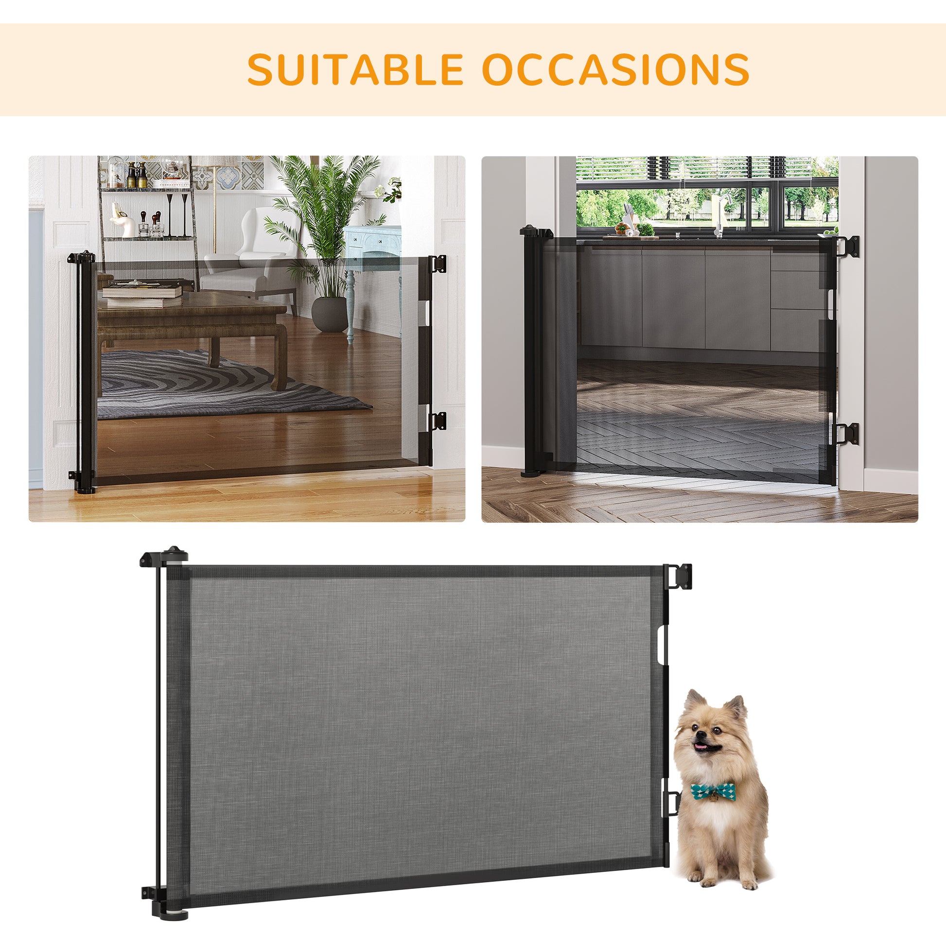 PawHut Pet Gate for Baby,Retractable Stair Gate Mesh Dog Gate, Extend Up to 150cm Wide,for Stairs, Doorways, Corridors, Black