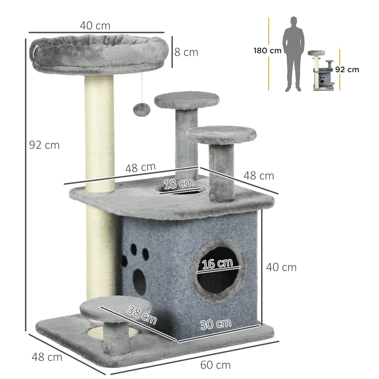 PawHut 92cm Cat Tree for Indoor Cats with Scratching Posts, Cat Tower with House, Bed, Perches, Scratching Mat, Toy, Grey