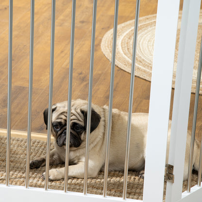 PawHut Foldable Dog Gate, Wooden Freestanding Pet Gate with 2 Support Feet, Dog Barrier for Doorways, Stairs, Halls - White