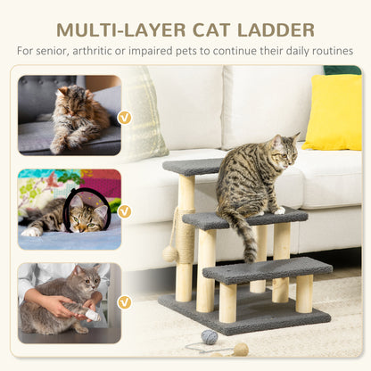 PawHut 48cm Cat Tree, 3-Layer Kitty Ladder, Cat Climbing Toy, Cat Tower with Ball Toy Jute Scratching Post, Grey