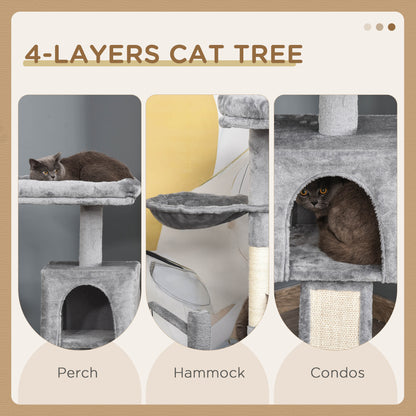 PawHut Cat tree Tower 111cm Climbing Kitten Activity Centre with Sisal Scratching Post Pad Perch Hanging Ball Hammock Condo Toy Grey