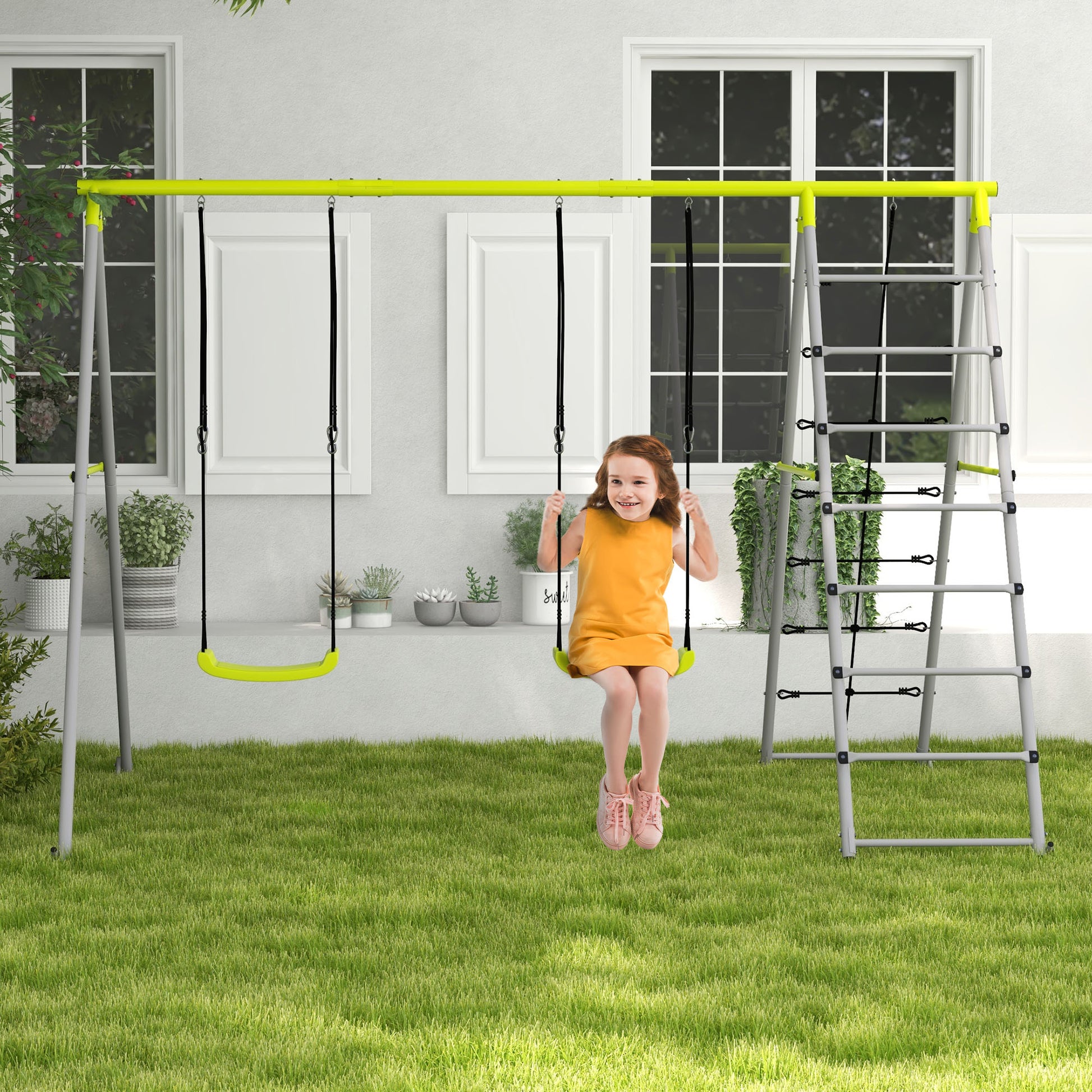 outsunny-4-in-1-metal-garden-swing-set-with-double-swings-climber-climbing-net-green