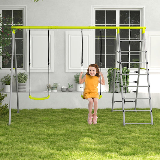 outsunny-4-in-1-metal-garden-swing-set-with-double-swings-climber-climbing-net-green