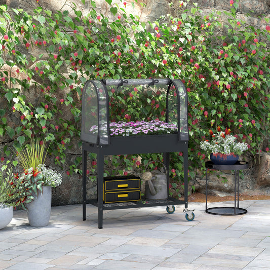 outsunny-raised-planter-with-greenhouse-cover-mobile-elevated-garden-bed-with-wheels-and-bottom-shelf-for-vegetables-dark-grey