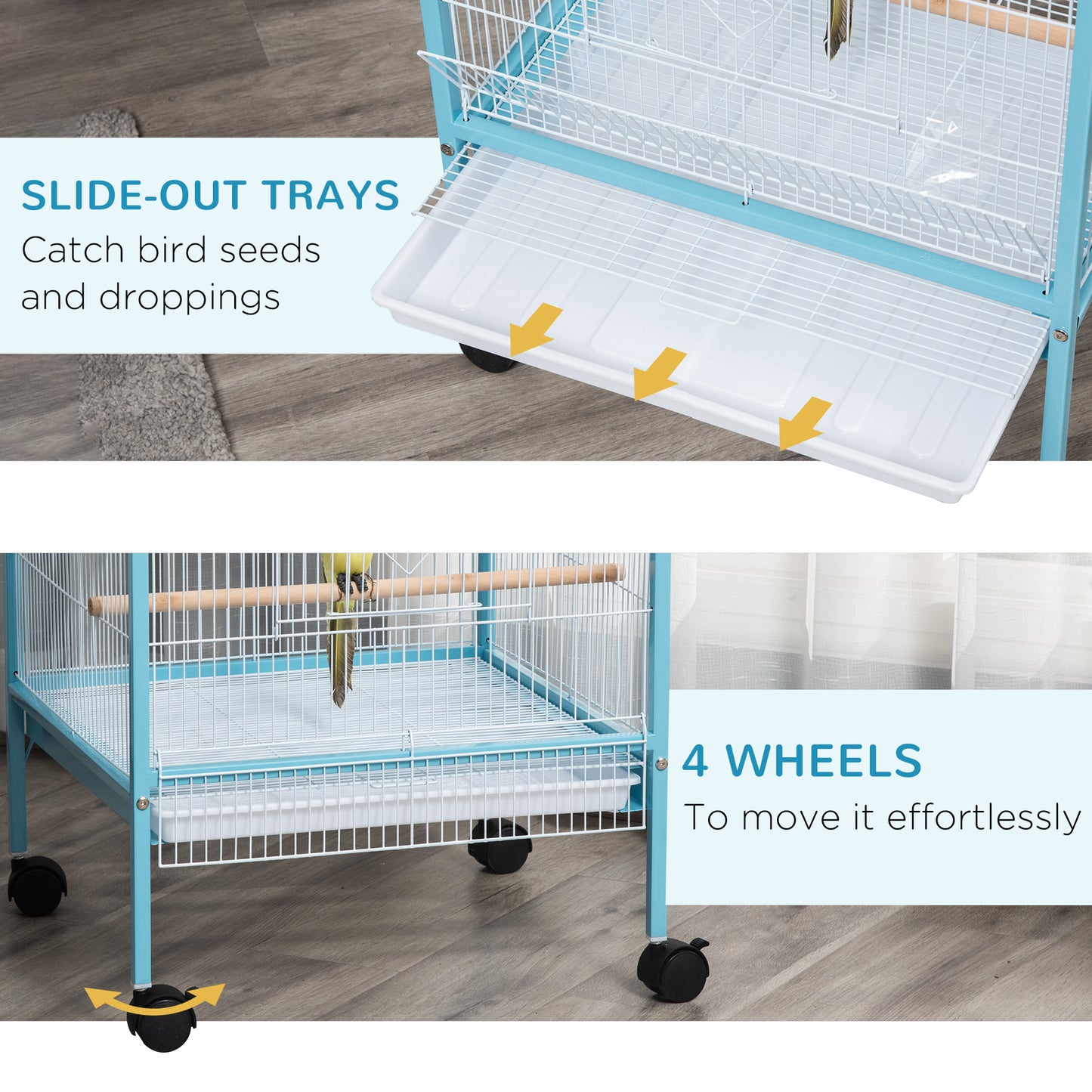 PawHut 2 In 1 Large Bird Cage Aviary for Finch Canaries, Budgies with Wheels, Slide-out Trays, Wood Perch, Food Containers, Light Blue