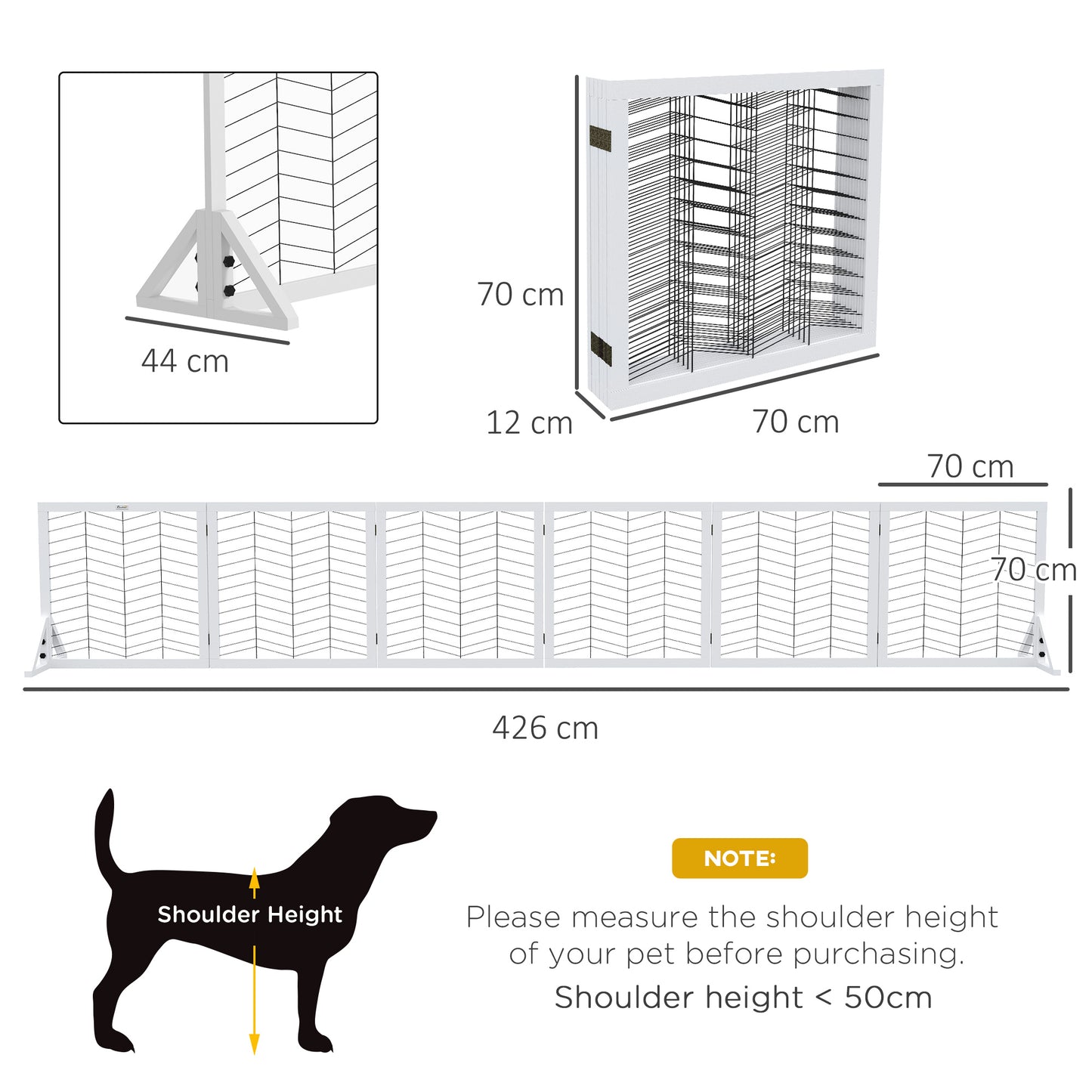 PawHut 6 Panels Pet Gate, Wooden Foldable Dog Barrier w 2PCS Support Feet, for Small Medium Dogs - White