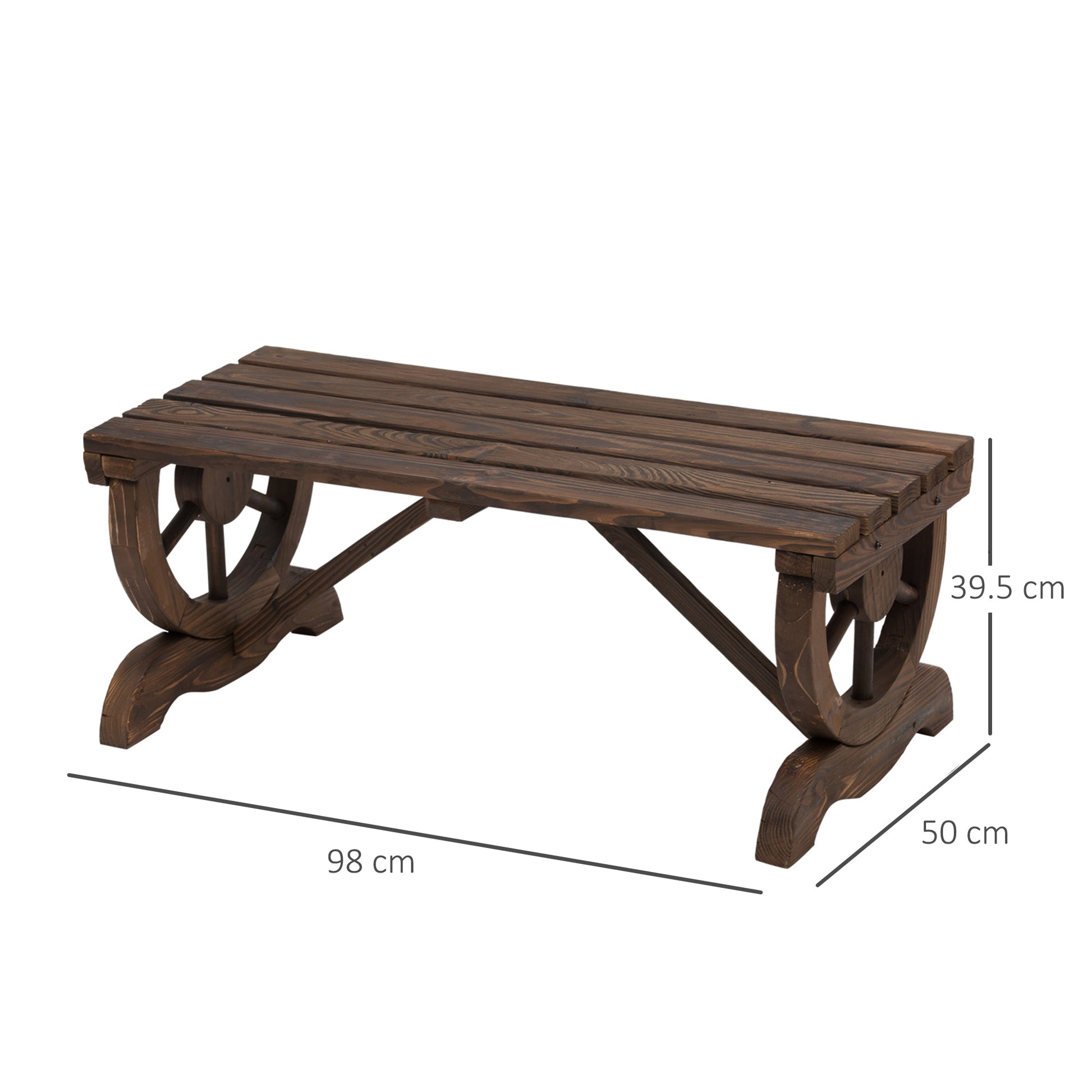 outsunny-garden-rustic-wooden-bench-wheel-shaped-legs-slatted-seats-stable-reinforced-structure-outdoor-patio-garden-2-person-bench-seat-brown