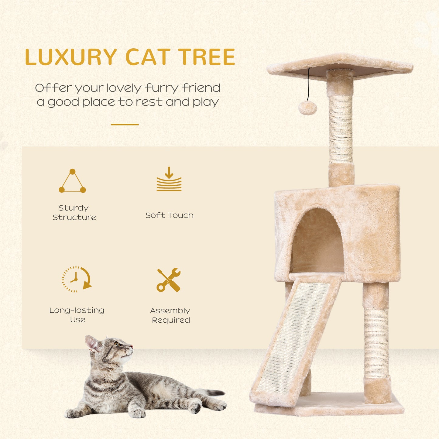 PawHut Cats 3-Tier Sisal Rope Scratching Post w/ Dangle Toy Beige