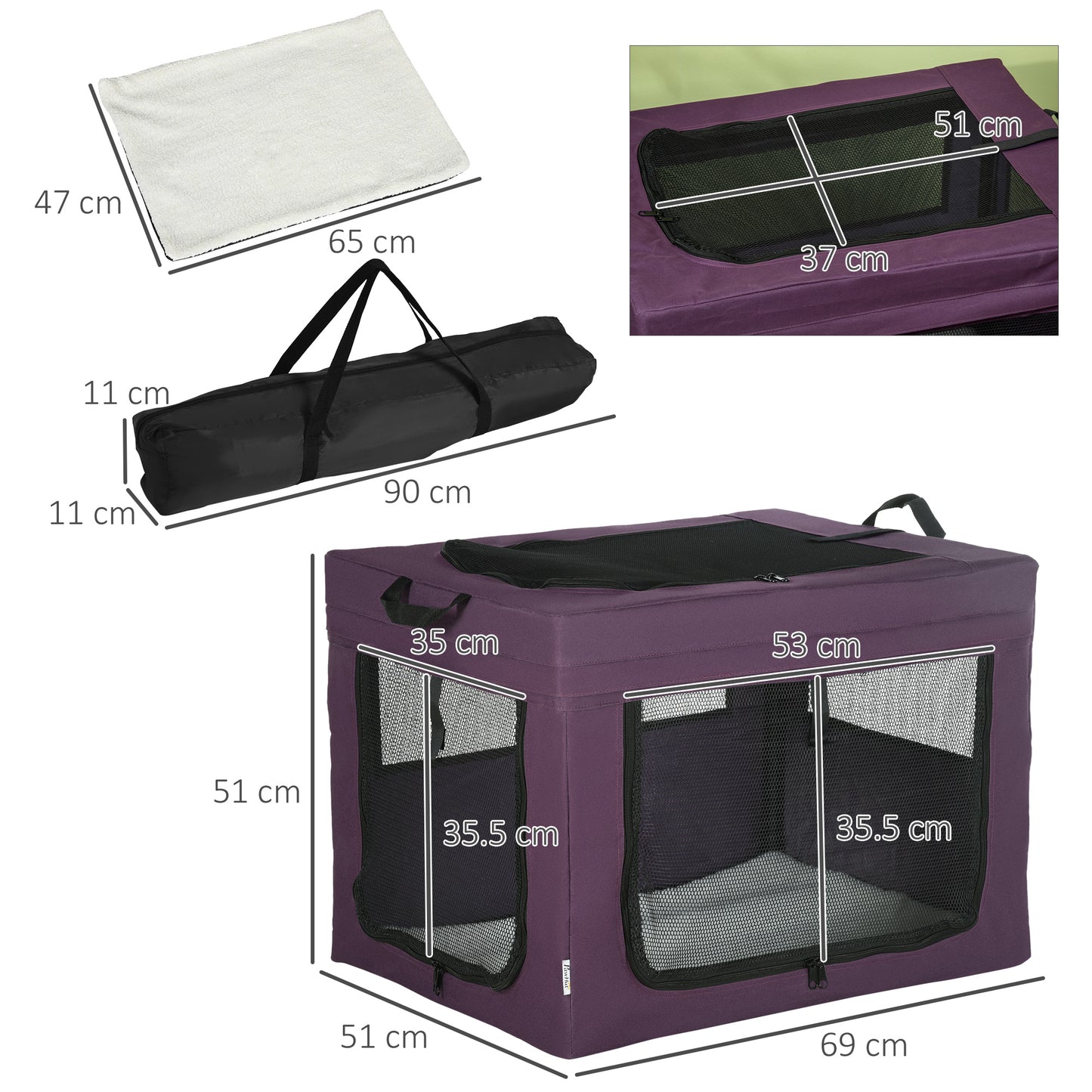 PawHut Dog Carrier Bag Portable Cat Carrier Foldable Dog Bag for Miniature and Small Dogs, 69 x 51 x 51 cm, Purple