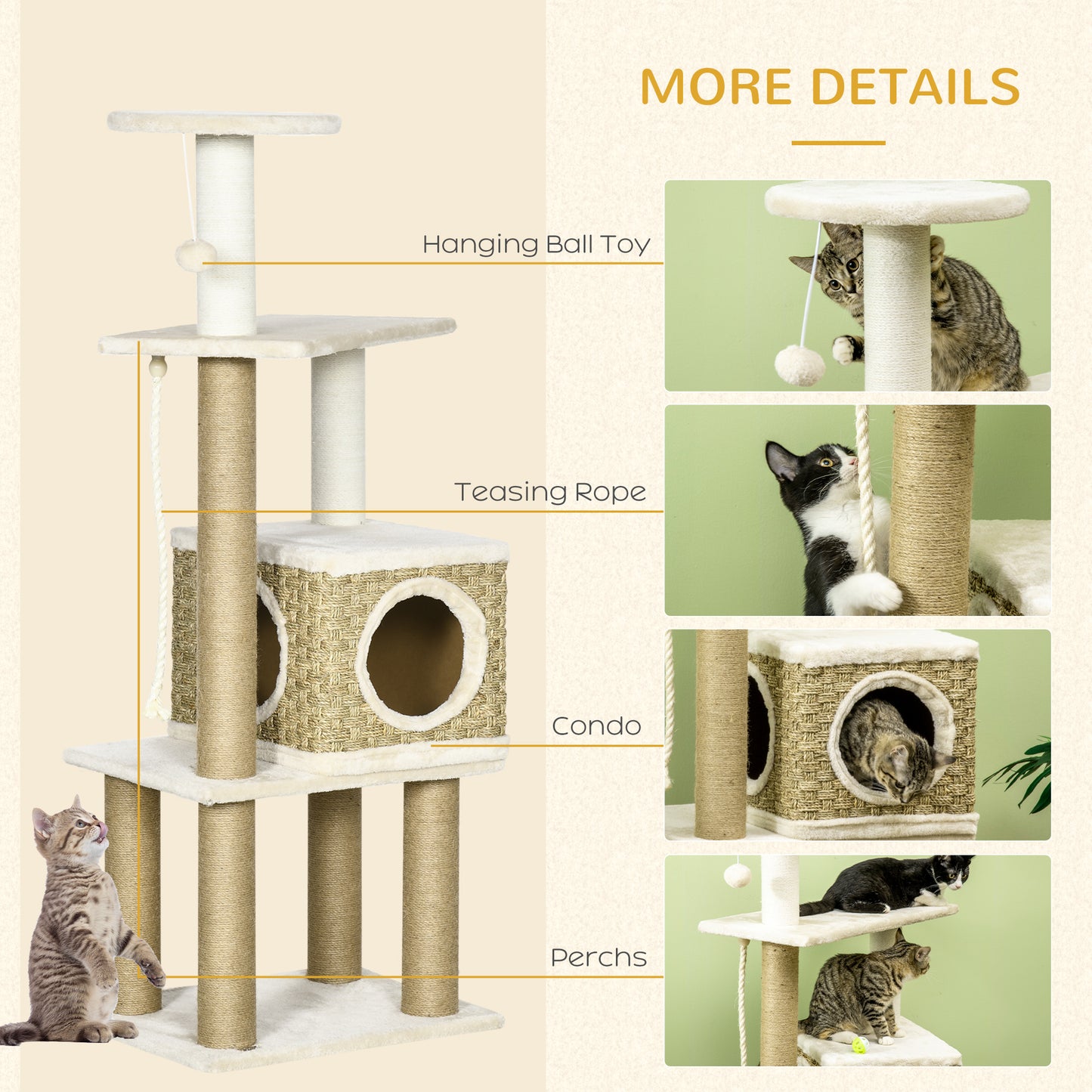 PawHut Cat Tree, Climbing Kitten Cat Tower Activity Center for Indoor Cats with Jute Scratching Post, Condo, Kitten Stand, Hanging Ball Toy, Beige